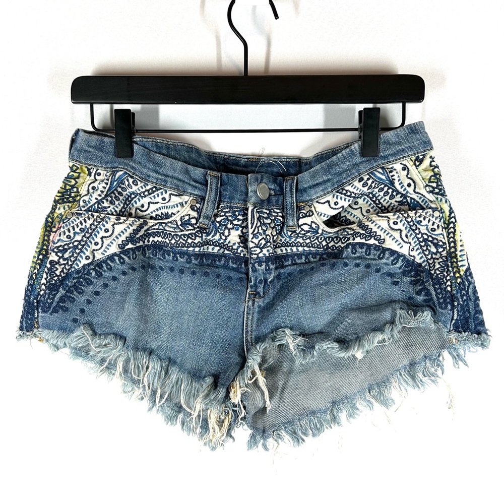 Blue Embroidered Denim Fringe Women's Shorts